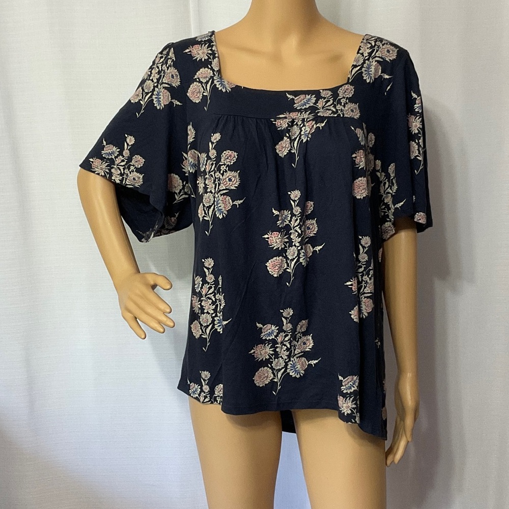 Lucky Brand Navy Floral Square Blouse 100% Cotton Size XL Women